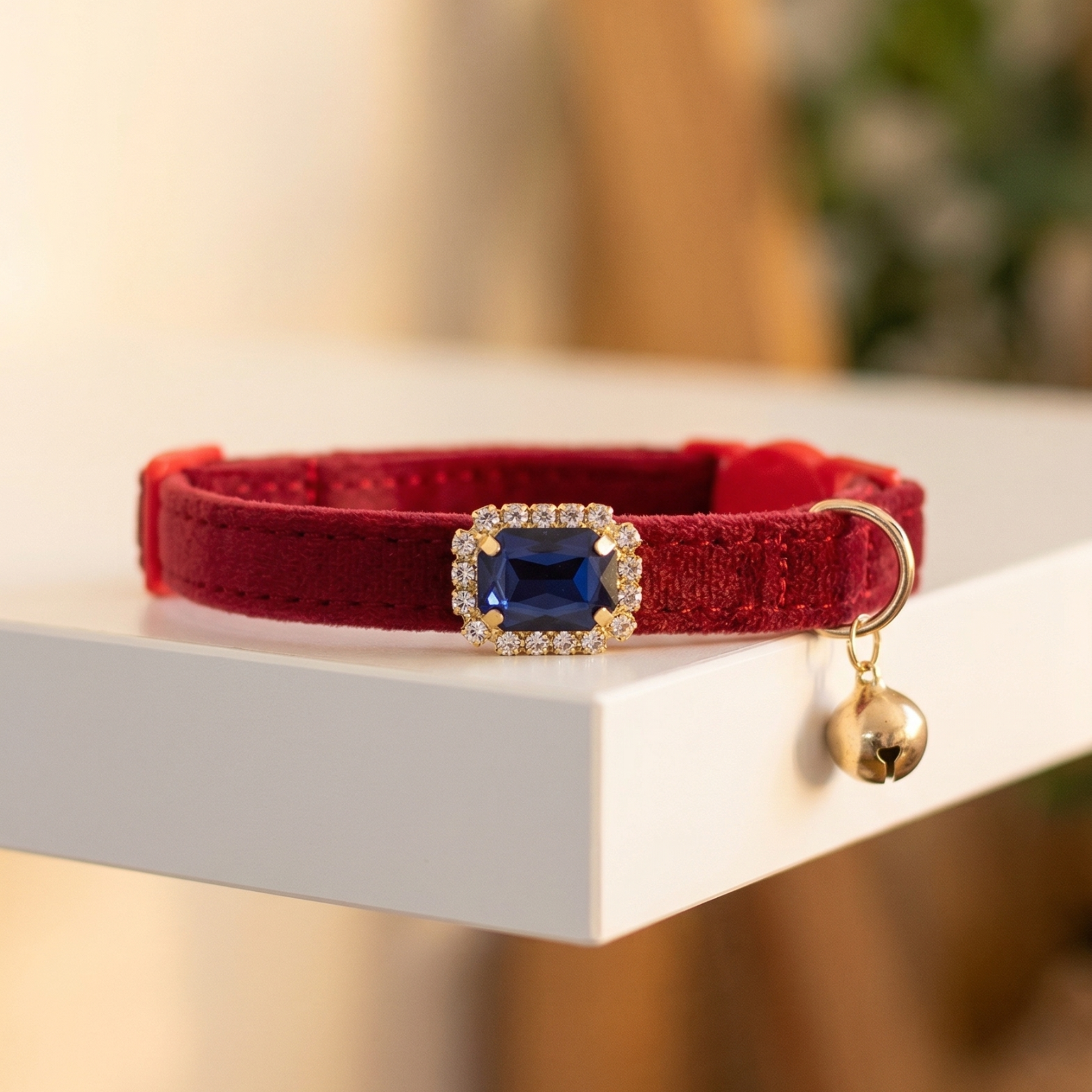 Red velvet cat collar with blue sapphire rhinestone and breakaway safety buckle — KittyTag handmade — view 3