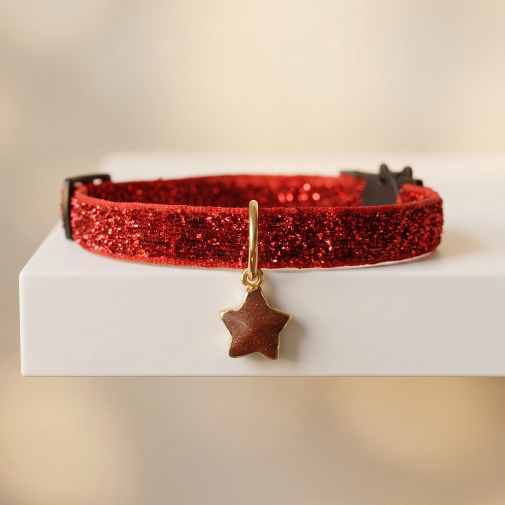 Shimmering red velvet cat collar with goldstone star charm and breakaway safety buckle — KittyTag handmade — view 3