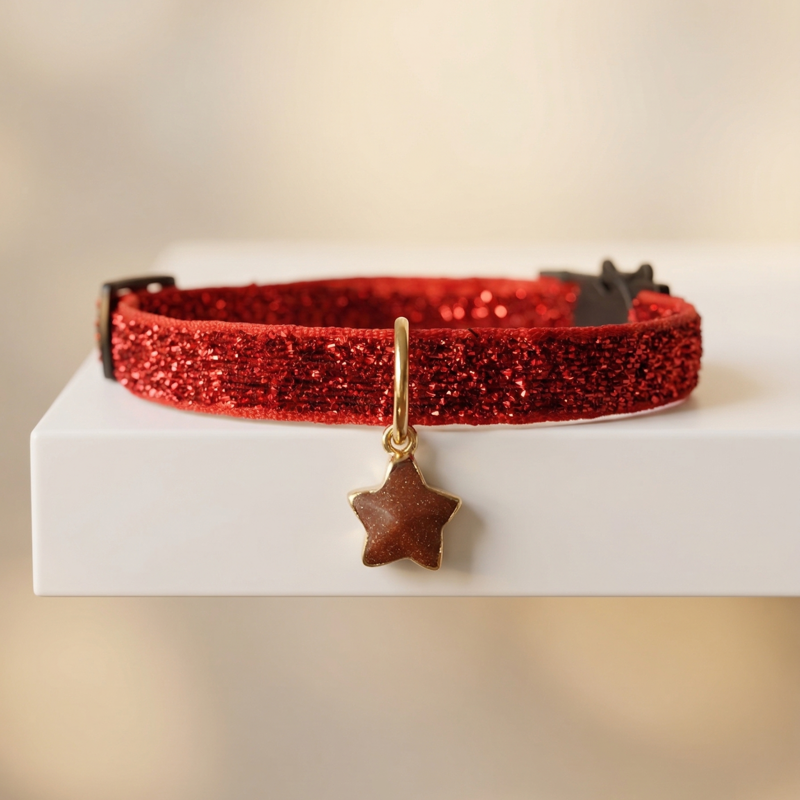 Shimmering red velvet cat collar with goldstone star charm and breakaway safety buckle — KittyTag handmade — view 3