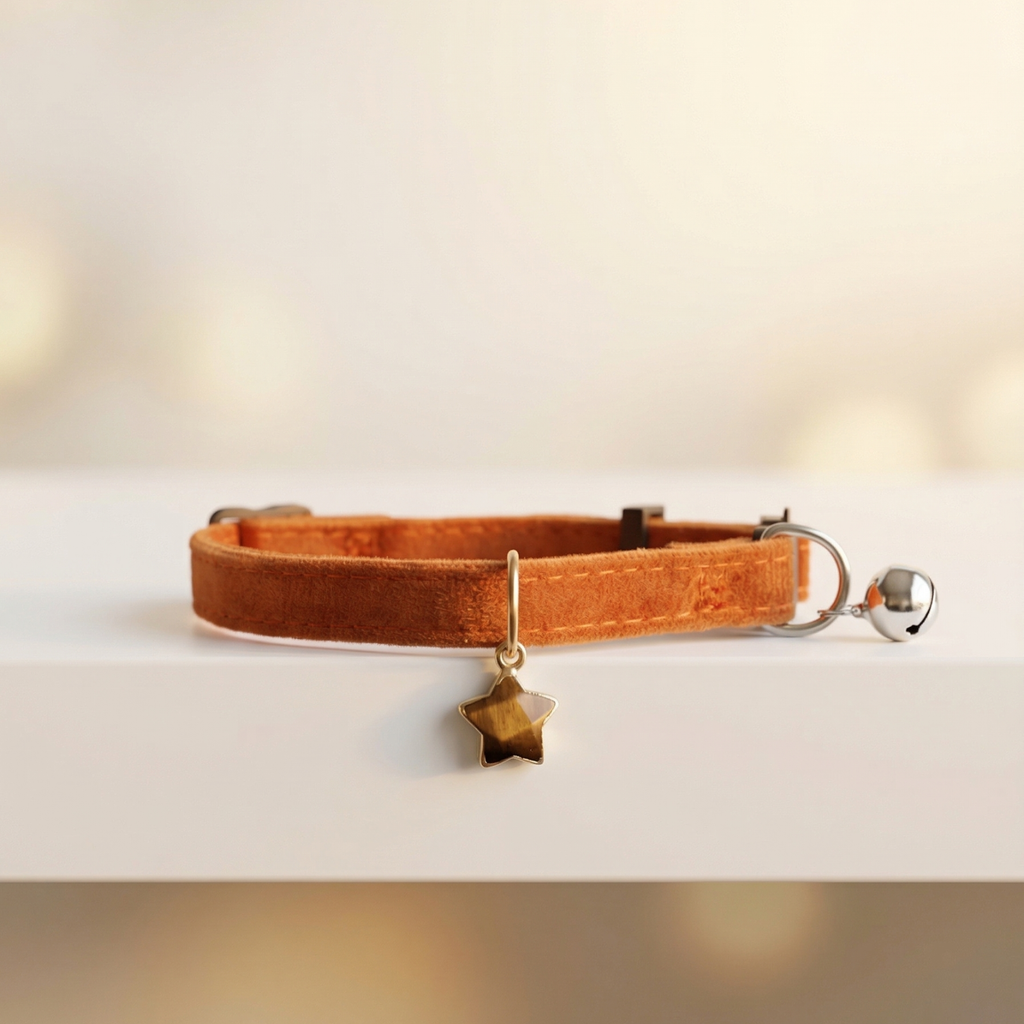 Chocolate brown velvet cat collar with natural Tiger's Eye stone and star charm — KittyTag handmade — view 3