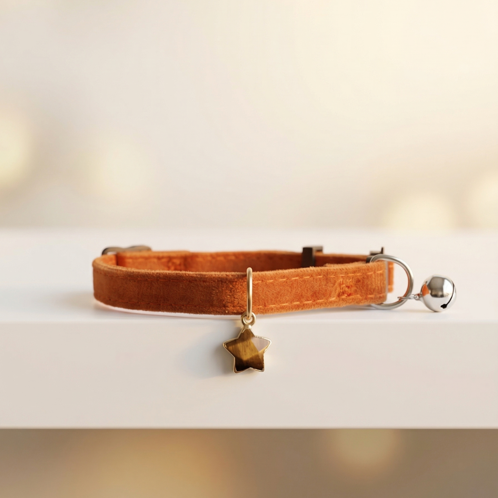 Natural Tiger's Eye - Chocolate Brown Star Velvet Cat Collar