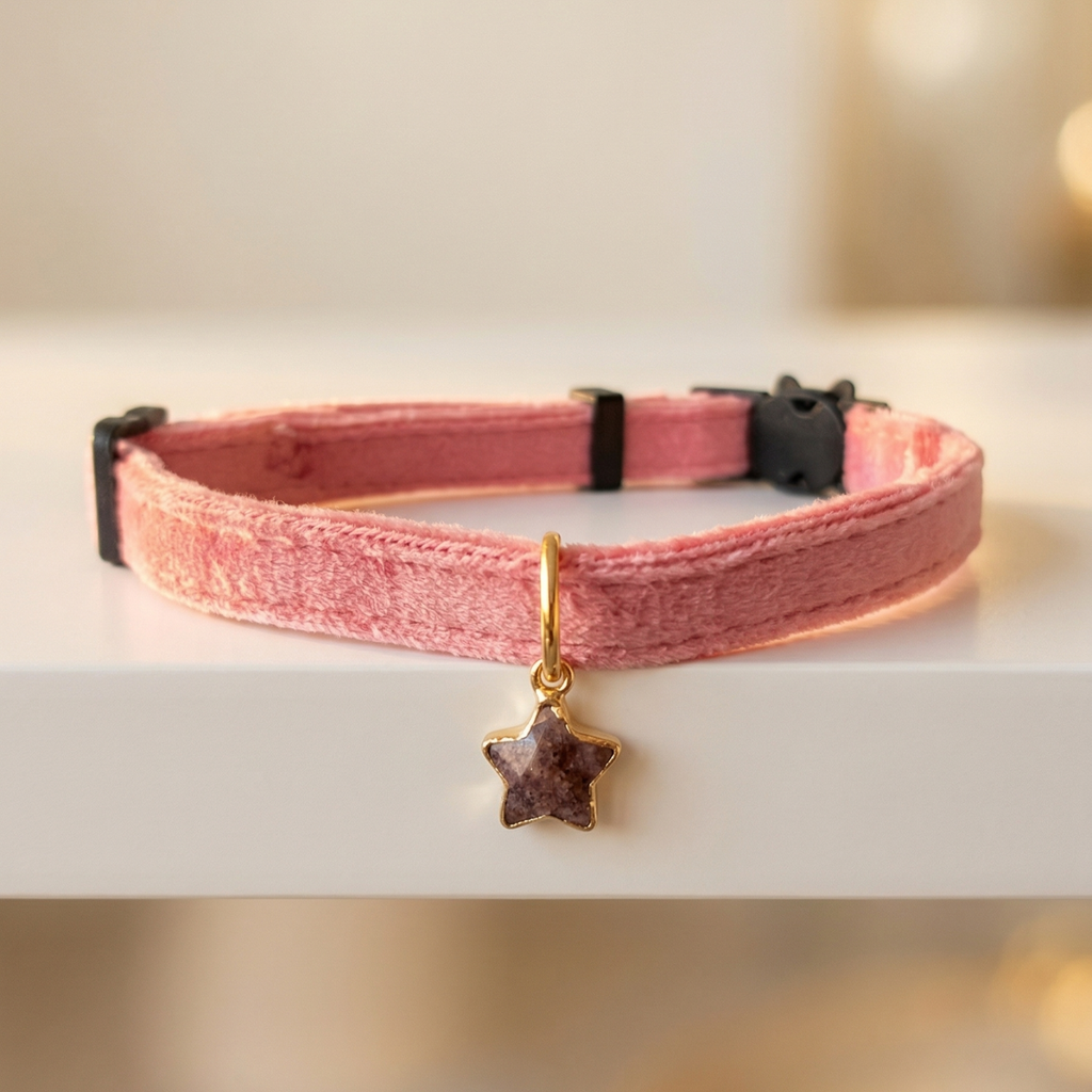 Pink velvet cat collar with natural pink quartz star charm and breakaway safety buckle — KittyTag handmade — view 3