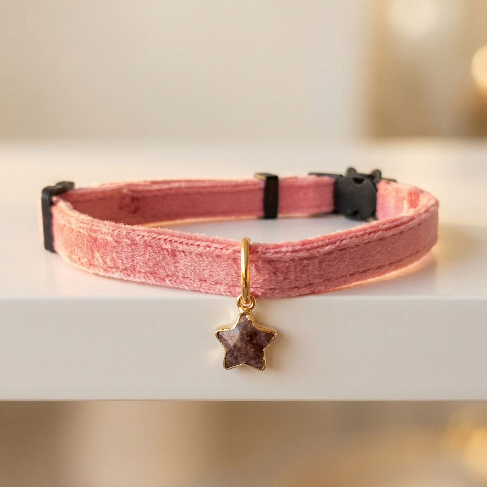 Pink velvet cat collar with natural pink quartz star charm and breakaway safety buckle — KittyTag handmade — view 3