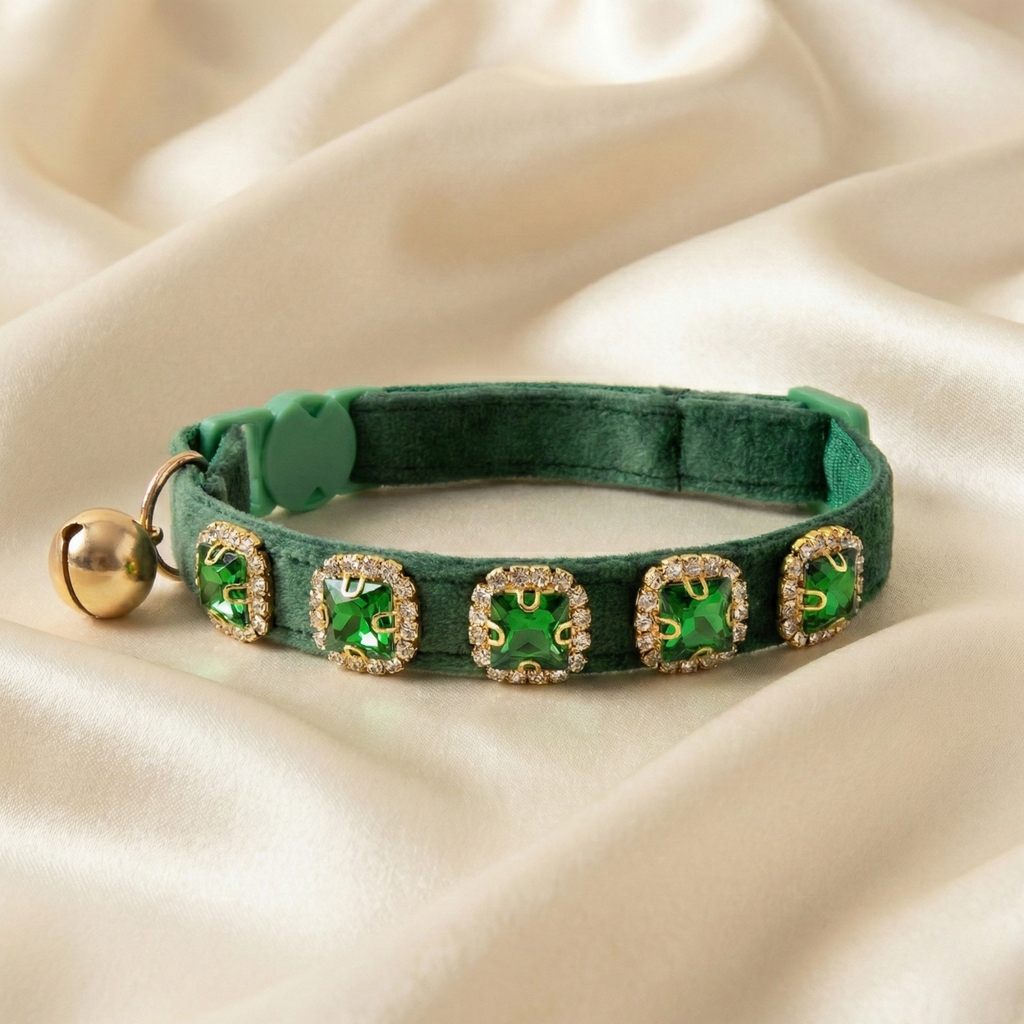 Green velvet cat collar with emerald rhinestones and breakaway safety buckle — KittyTag handmade — view 4