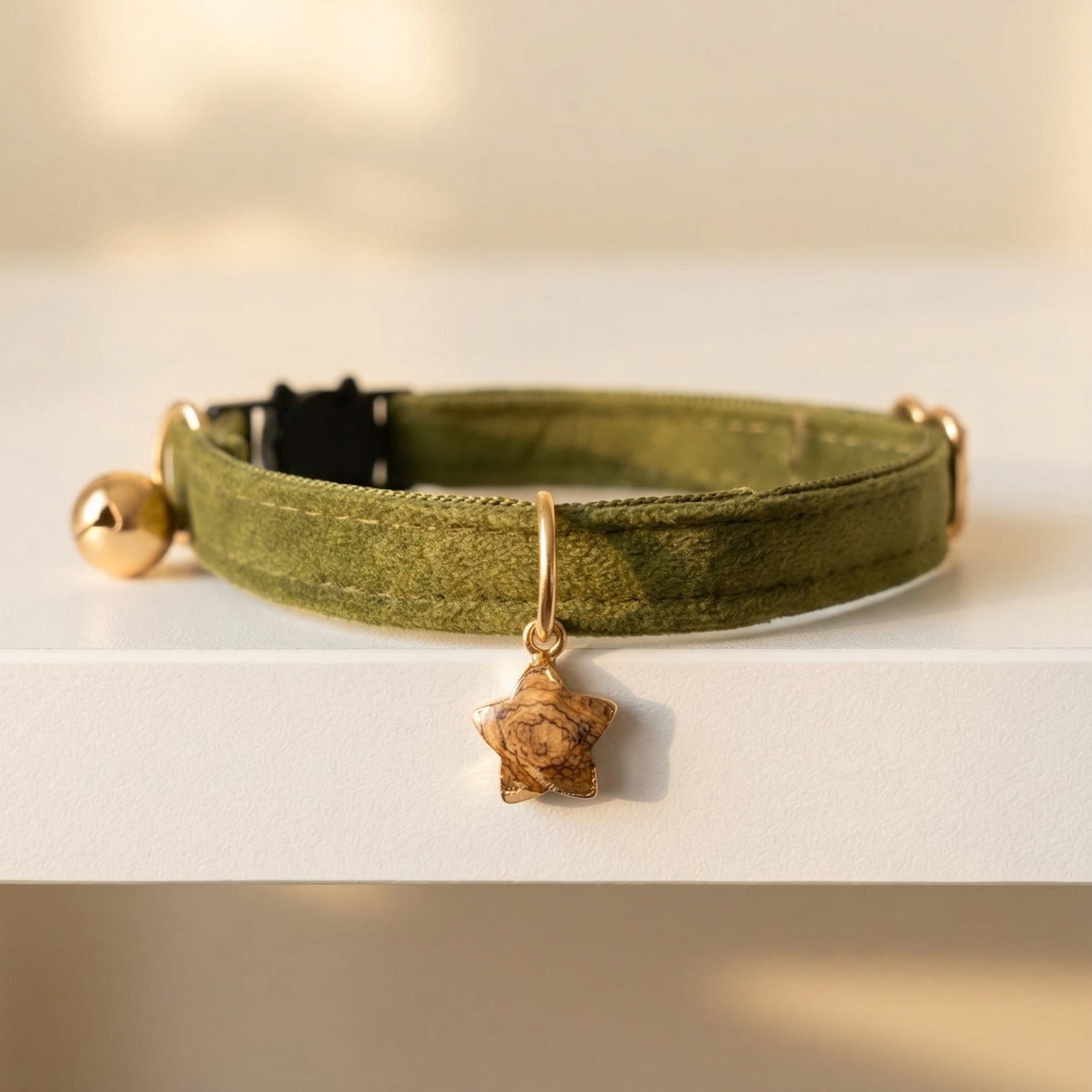 Olive green velvet cat collar with silver star charm and breakaway safety buckle — KittyTag handmade — view 4