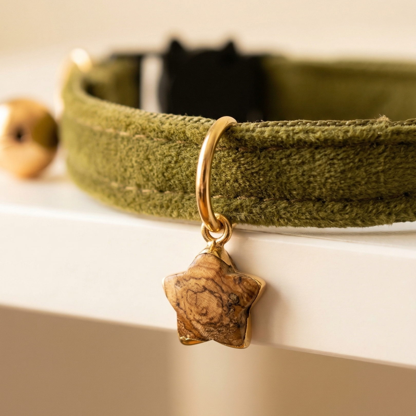 Olive green velvet cat collar with silver star charm and breakaway safety buckle — KittyTag handmade — view 5