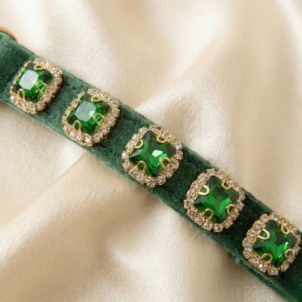 Green velvet cat collar with emerald rhinestones and breakaway safety buckle — KittyTag handmade — view 5