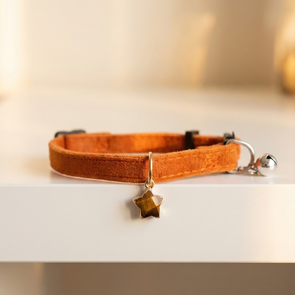 Chocolate brown velvet cat collar with natural Tiger's Eye stone and star charm — KittyTag handmade — view 4