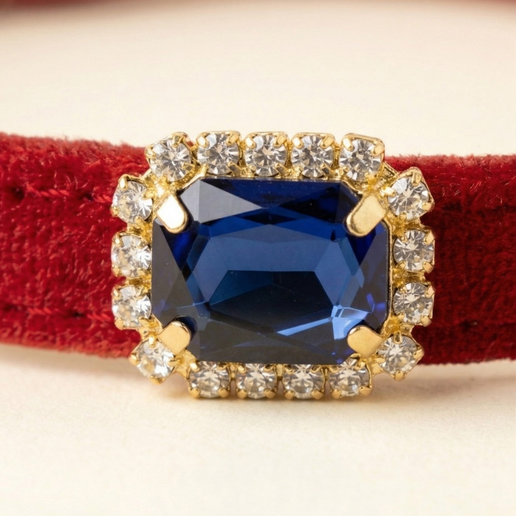 Red velvet cat collar with blue sapphire rhinestone and breakaway safety buckle — KittyTag handmade — view 4
