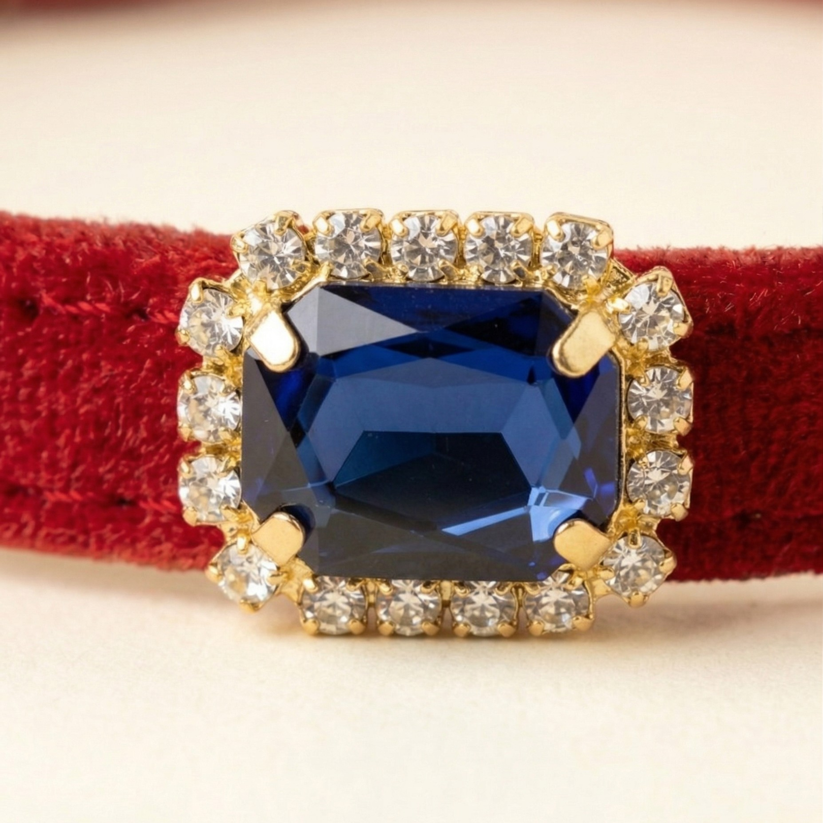 Red velvet cat collar with blue sapphire rhinestone and breakaway safety buckle — KittyTag handmade — view 4