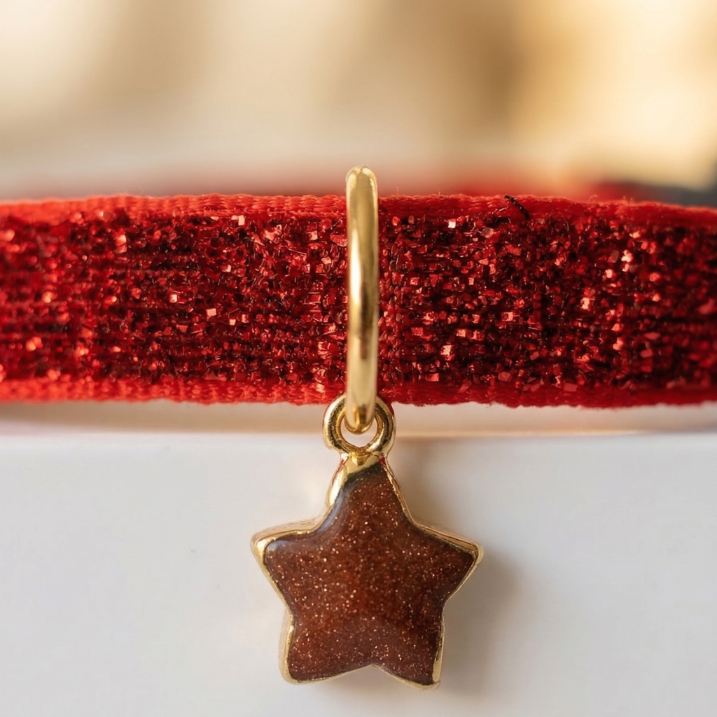 Shimmering red velvet cat collar with goldstone star charm and breakaway safety buckle — KittyTag handmade — view 4