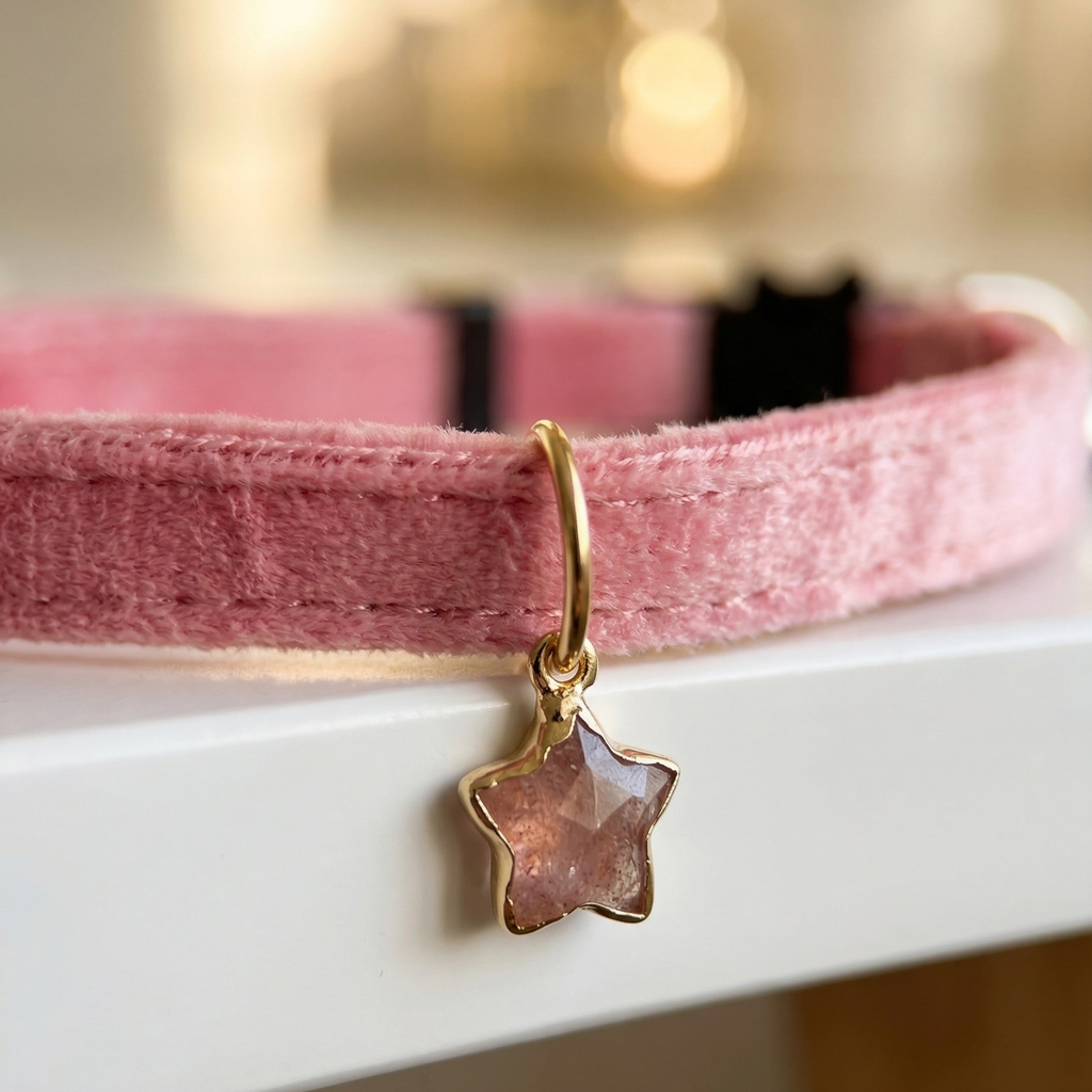 Pink velvet cat collar with natural pink quartz star charm and breakaway safety buckle — KittyTag handmade — view 4
