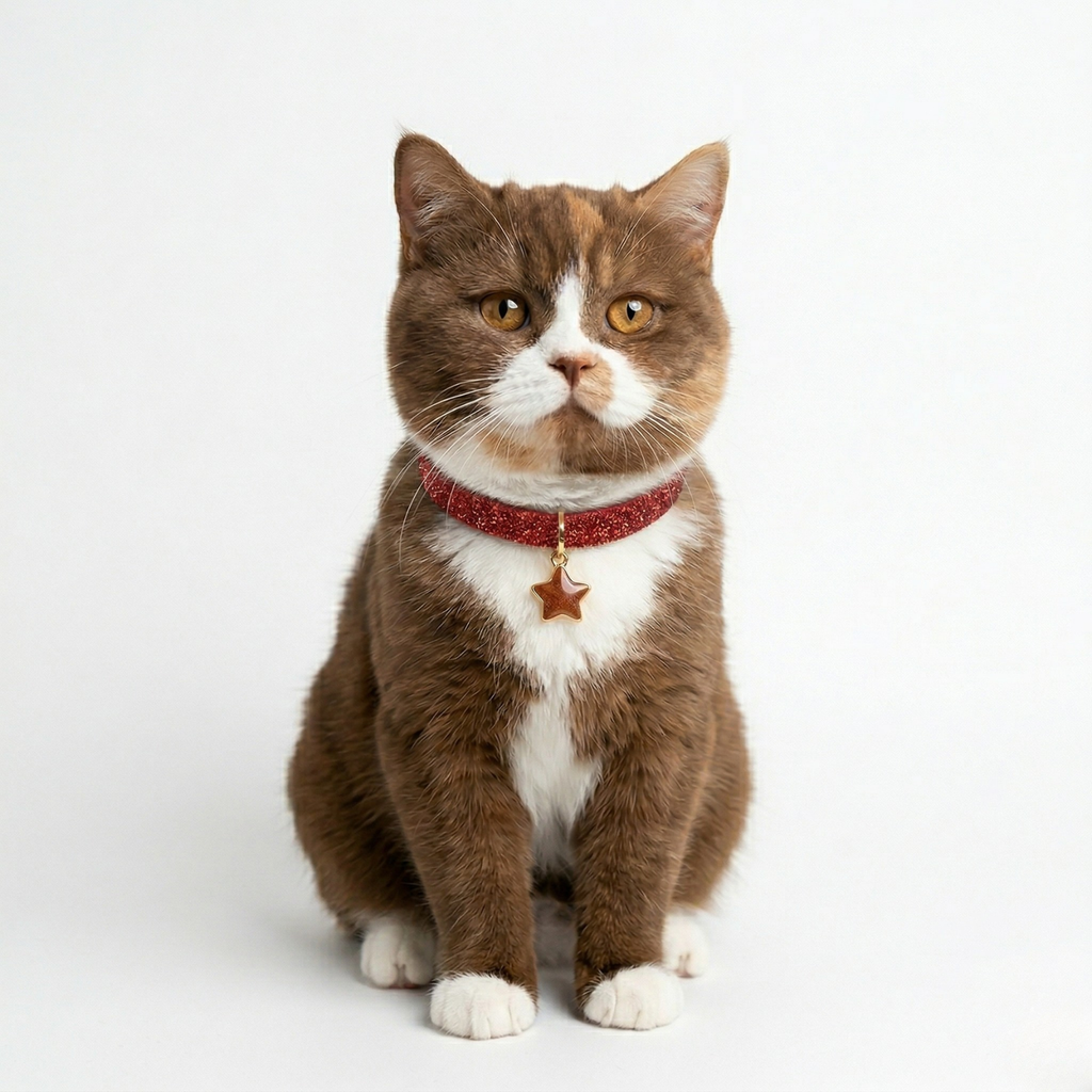 Shimmering red velvet cat collar with goldstone star charm and breakaway safety buckle — KittyTag handmade — view 2