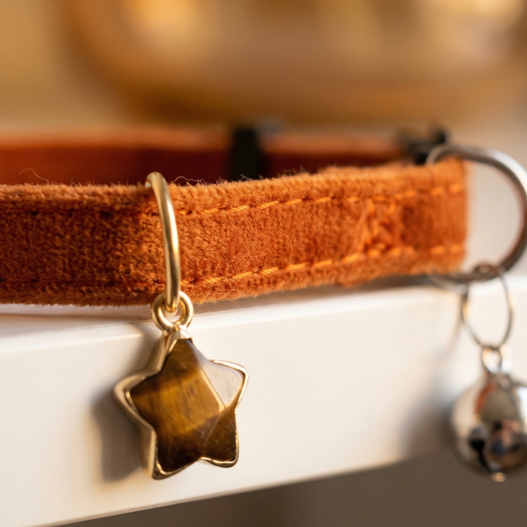 Chocolate brown velvet cat collar with natural Tiger's Eye stone and star charm — KittyTag handmade — view 5
