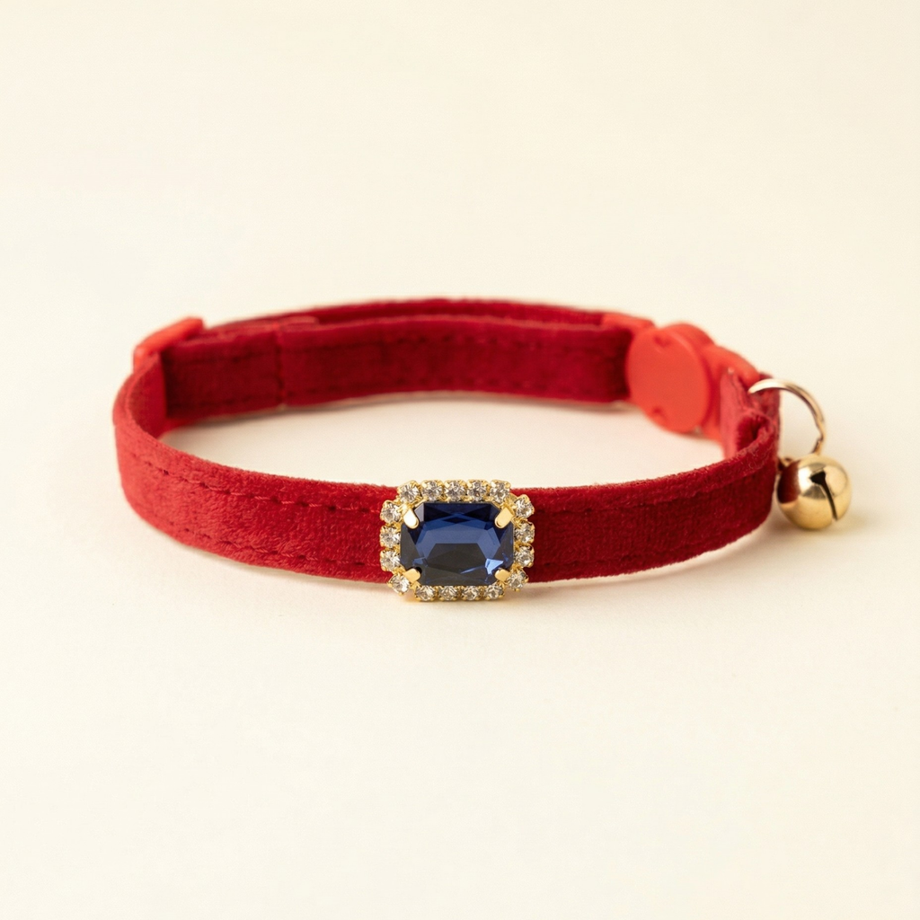 Red velvet cat collar with blue sapphire rhinestone and breakaway safety buckle — KittyTag handmade — view 5