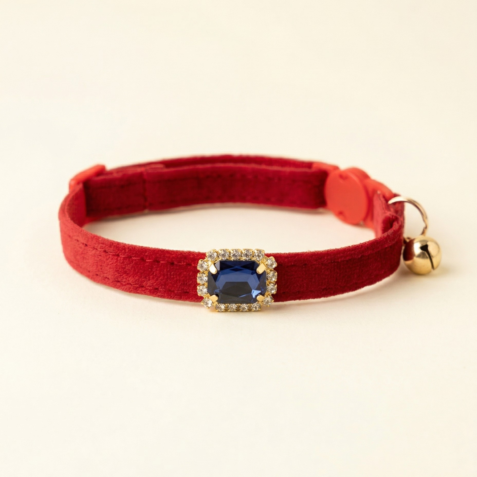 Red velvet cat collar with blue sapphire rhinestone and breakaway safety buckle — KittyTag handmade — view 5
