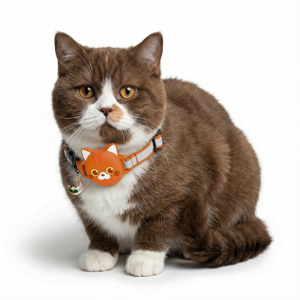 Orange AirTag cat collar with hidden AirTag holder, breakaway safety buckle and reflective stitching — KittyTag handmade in France — view 3