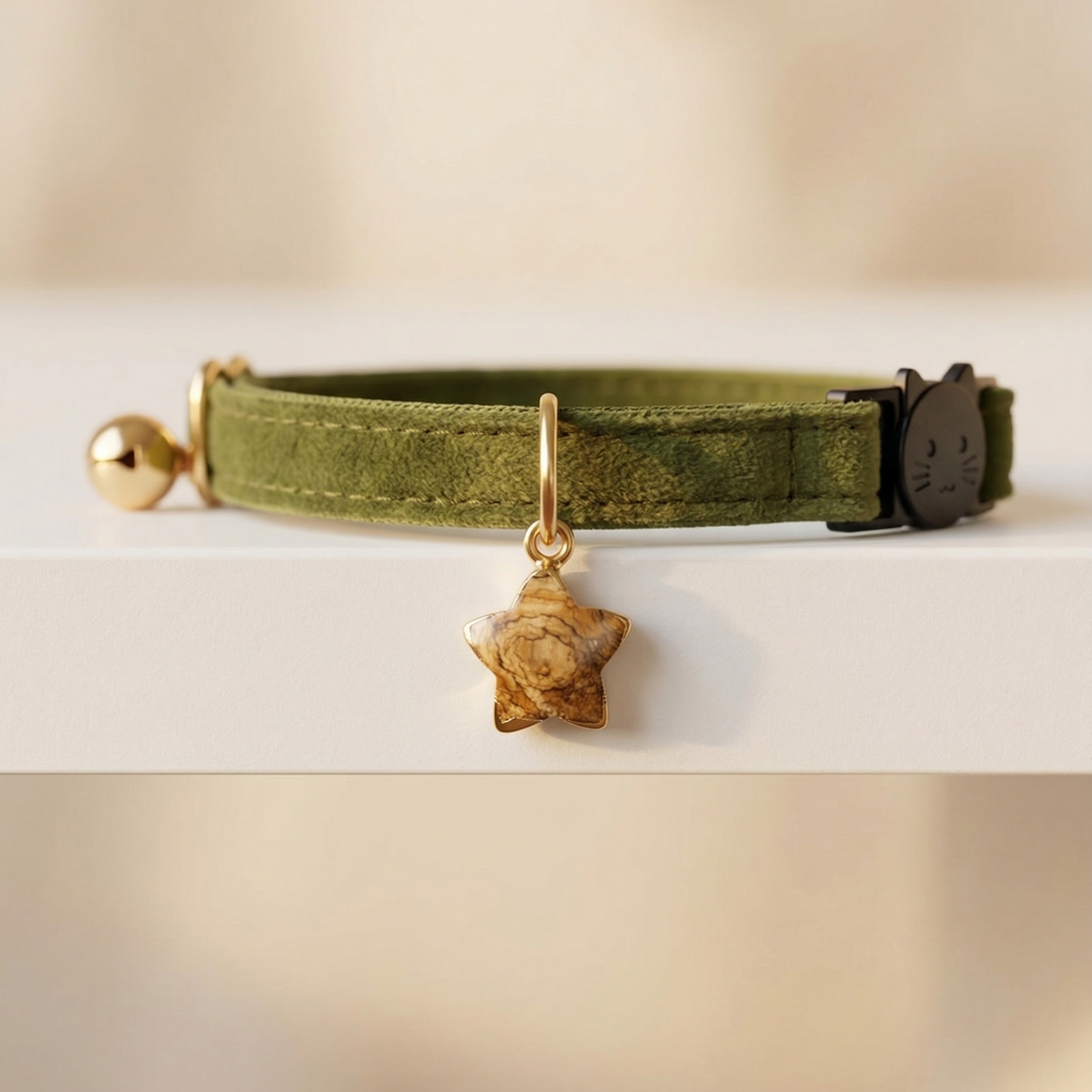 Olive green velvet cat collar with silver star charm and breakaway safety buckle — KittyTag handmade — view 6