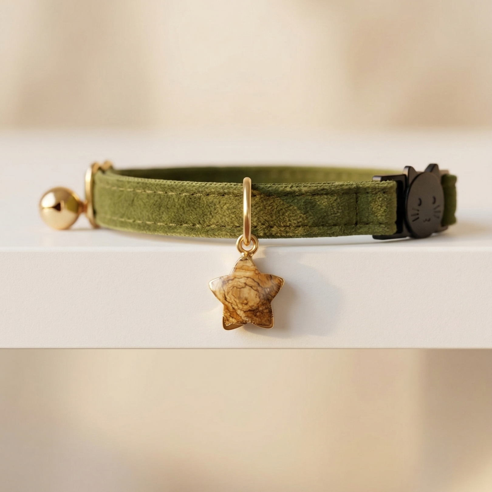 Olive green velvet cat collar with silver star charm and breakaway safety buckle — KittyTag handmade — view 6