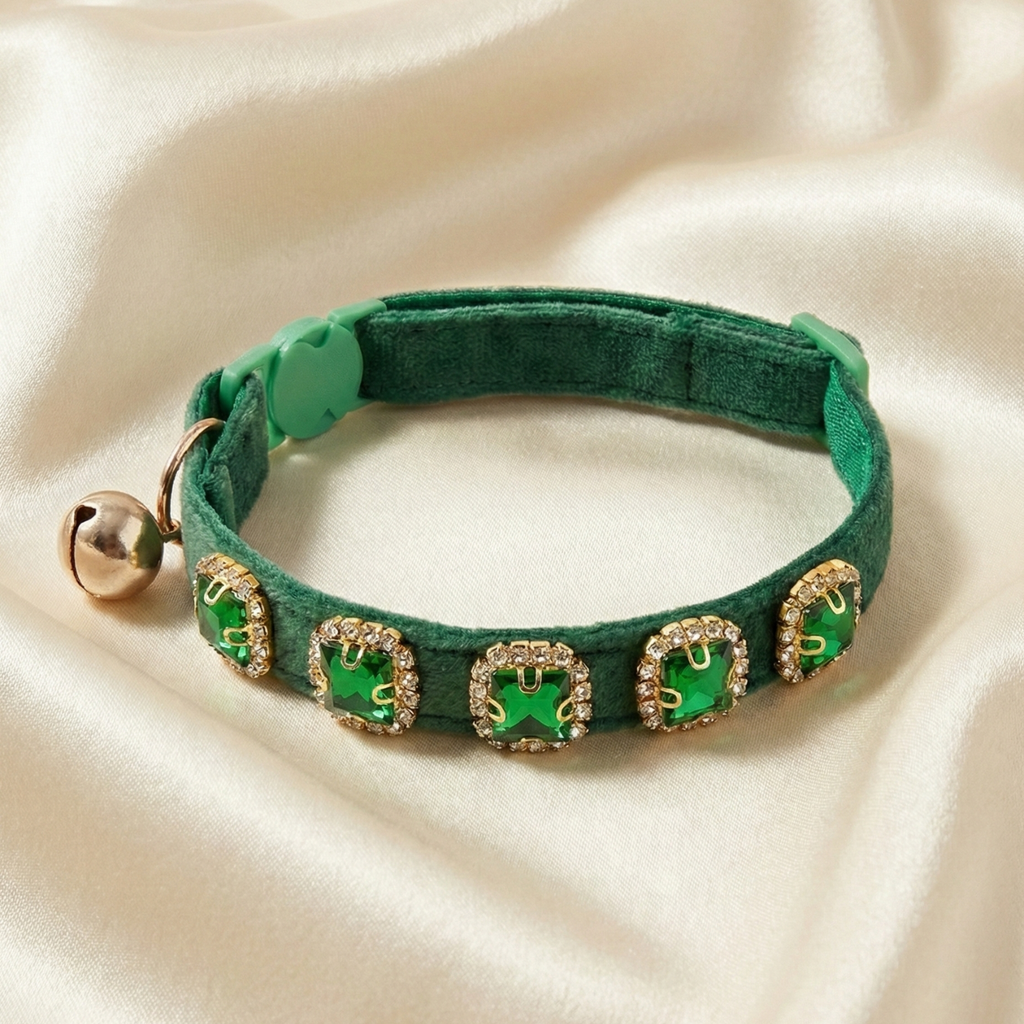 Green velvet cat collar with emerald rhinestones and breakaway safety buckle — KittyTag handmade — view 6