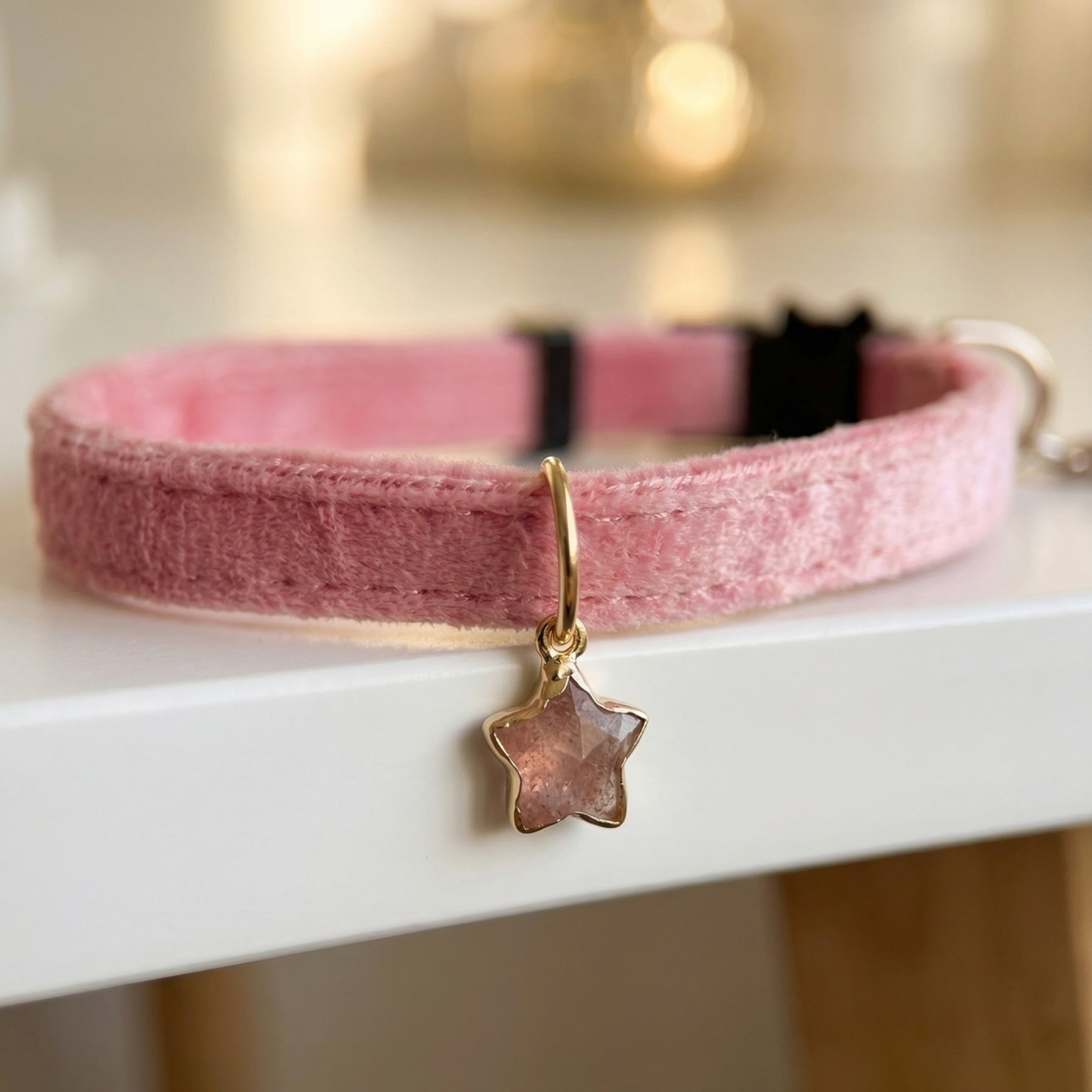 Pink velvet cat collar with natural pink quartz star charm and breakaway safety buckle — KittyTag handmade — view 5
