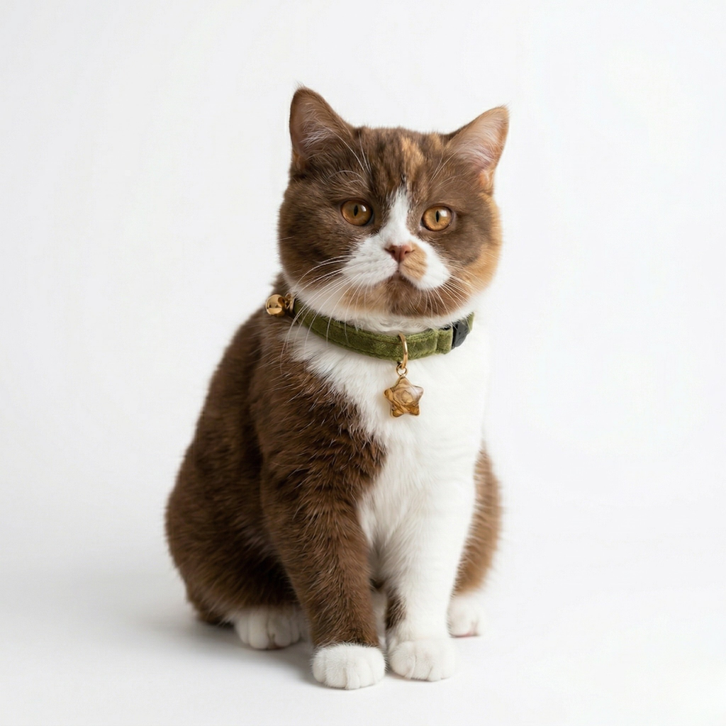 Olive green velvet cat collar with silver star charm and breakaway safety buckle — KittyTag handmade — view 3