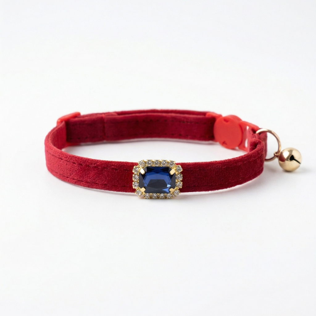Red velvet cat collar with blue sapphire rhinestone and breakaway safety buckle — KittyTag handmade — view 1