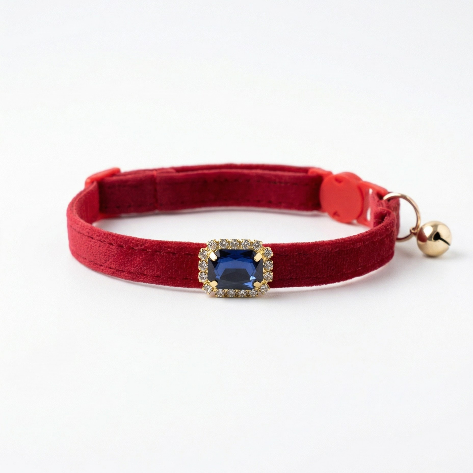 Red velvet cat collar with blue sapphire rhinestone and breakaway safety buckle — KittyTag handmade — view 1