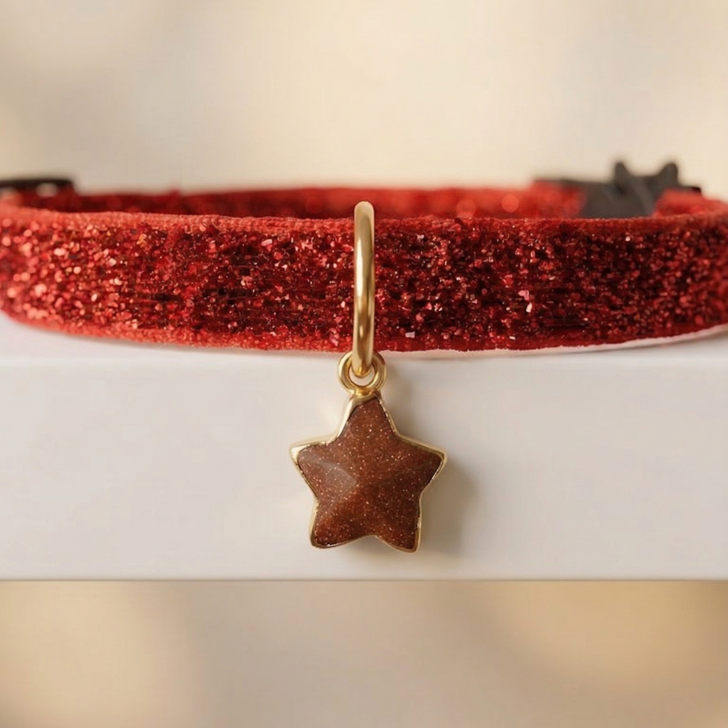 Shimmering red velvet cat collar with goldstone star charm and breakaway safety buckle — KittyTag handmade — view 5