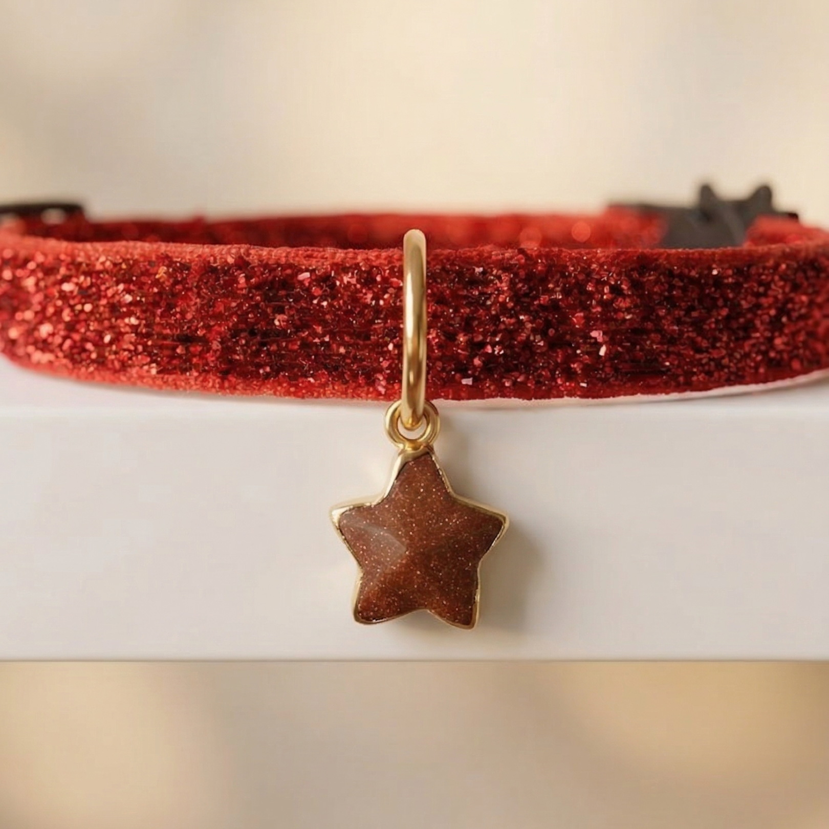 Shimmering red velvet cat collar with goldstone star charm and breakaway safety buckle — KittyTag handmade — view 5