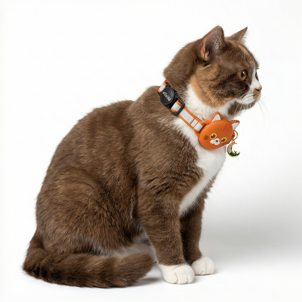 Orange AirTag cat collar with hidden AirTag holder, breakaway safety buckle and reflective stitching — KittyTag handmade in France — view 4
