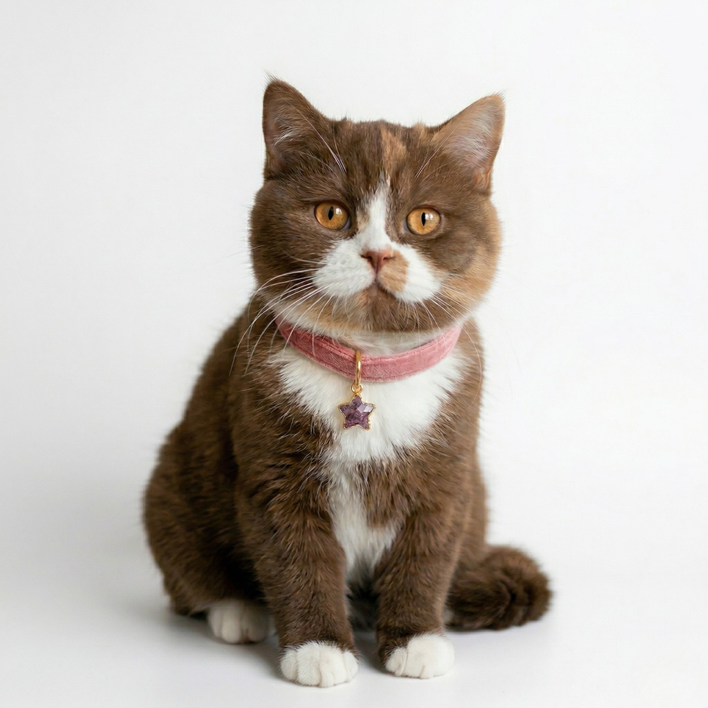 Pink velvet cat collar with natural pink quartz star charm and breakaway safety buckle — KittyTag handmade — view 2