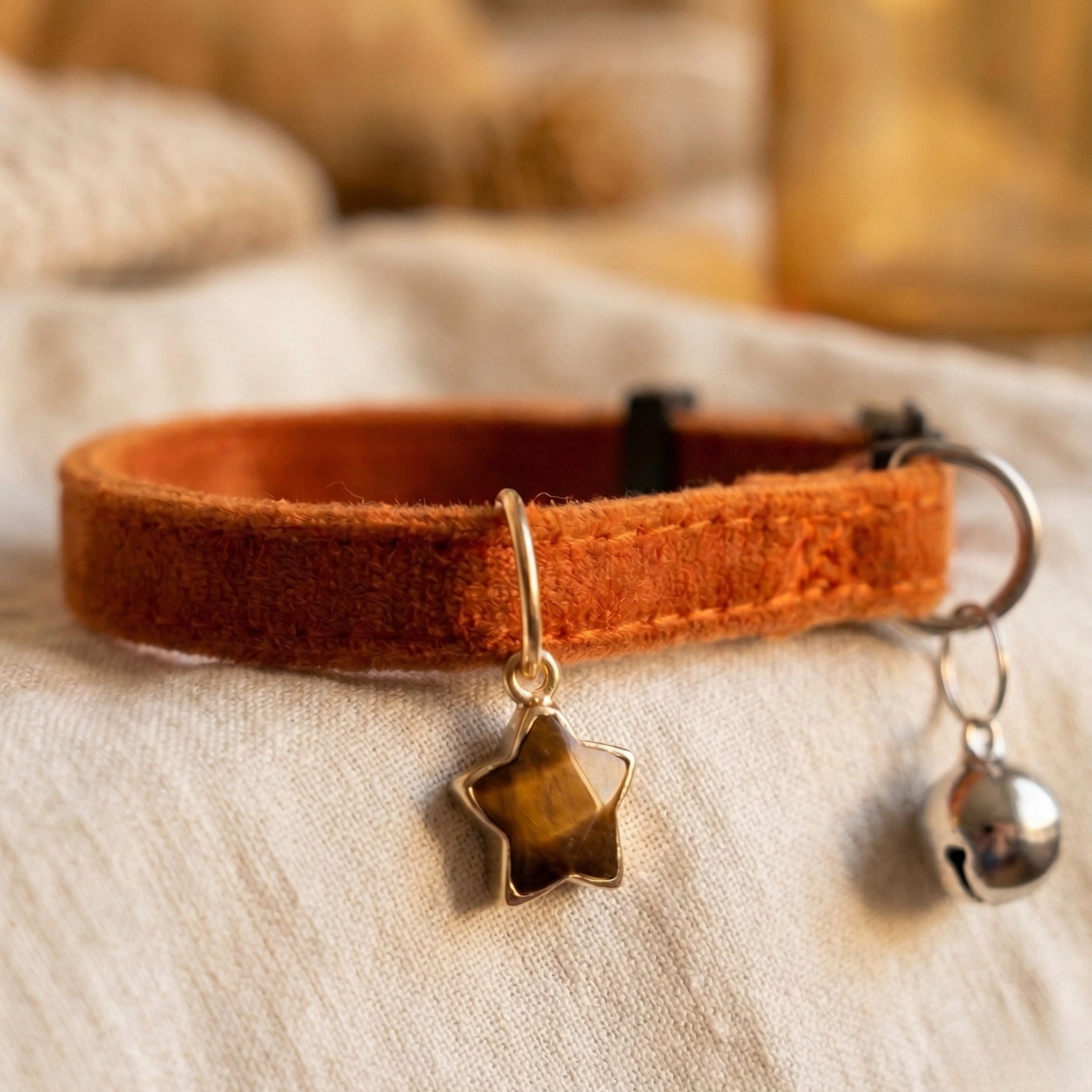 Chocolate brown velvet cat collar with natural Tiger's Eye stone and star charm — KittyTag handmade — view 6