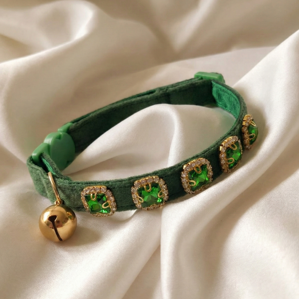 Green velvet cat collar with emerald rhinestones and breakaway safety buckle — KittyTag handmade — view 7