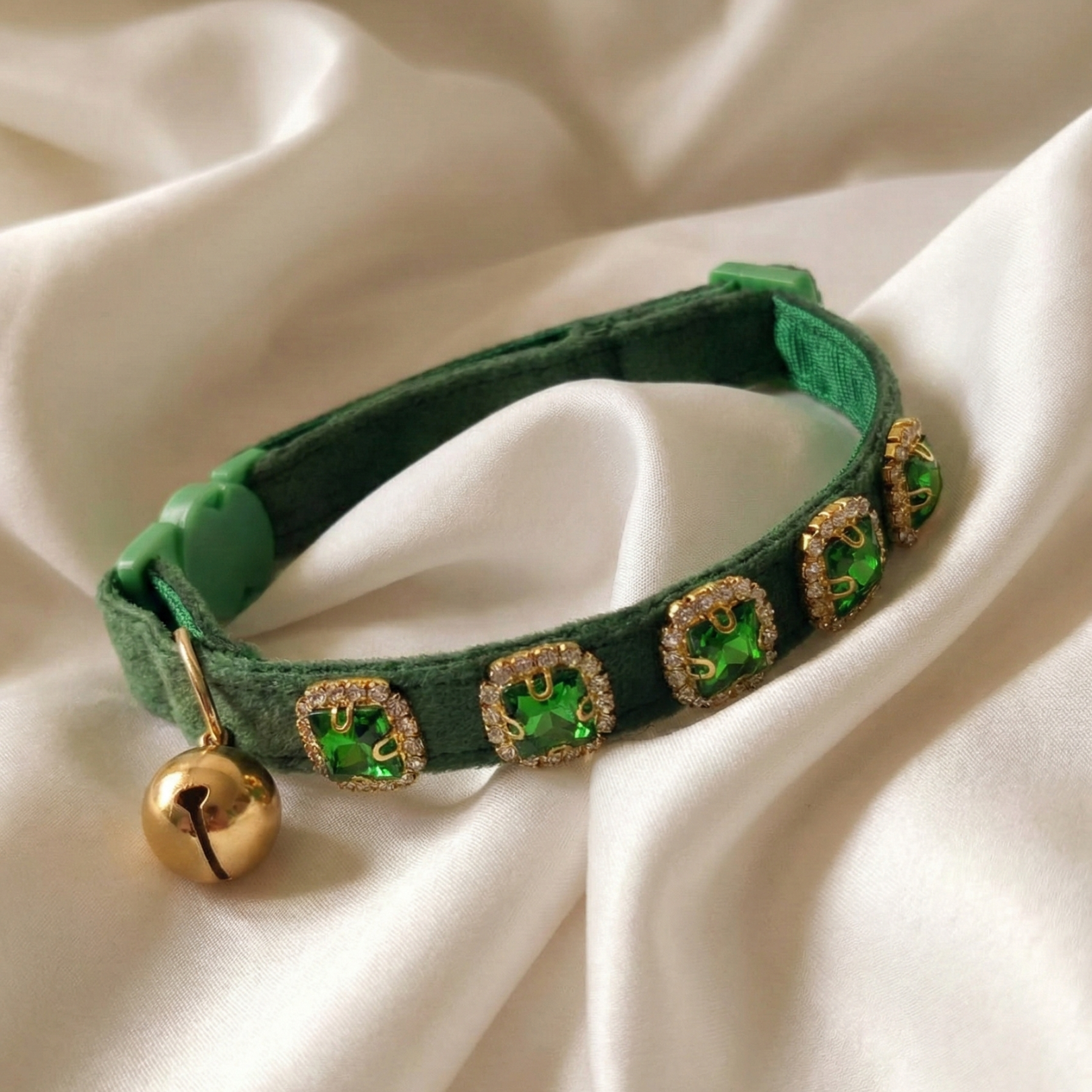 Green velvet cat collar with emerald rhinestones and breakaway safety buckle — KittyTag handmade — view 7