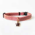 Pink velvet cat collar with natural pink quartz star charm and breakaway safety buckle — KittyTag handmade — view 1