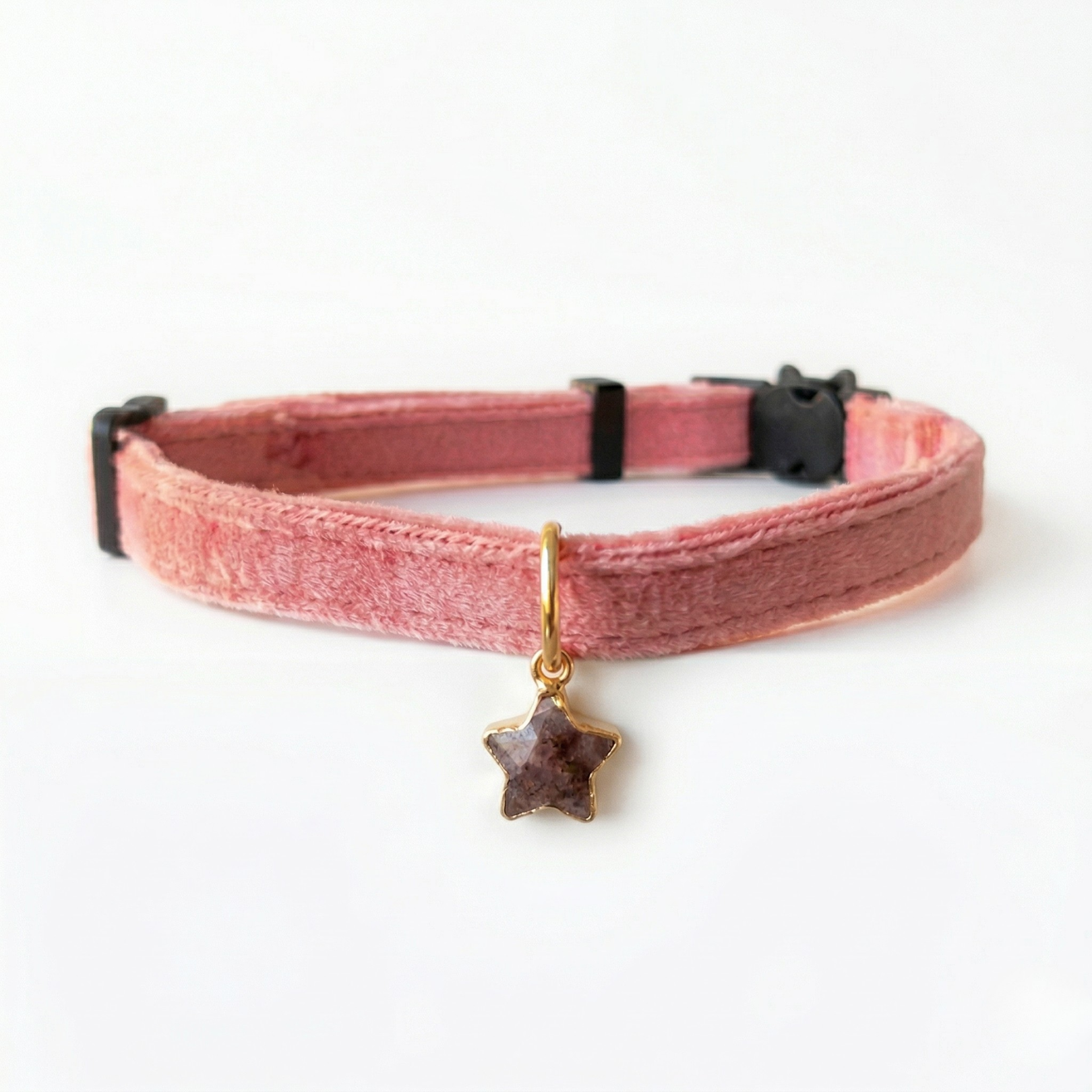 Pink velvet cat collar with natural pink quartz star charm and breakaway safety buckle — KittyTag handmade — view 1