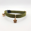 Olive green velvet cat collar with silver star charm and breakaway safety buckle — KittyTag handmade — view 1