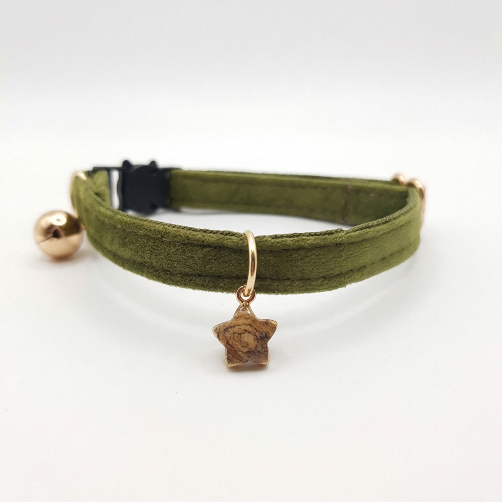 Olive green velvet cat collar with silver star charm and breakaway safety buckle — KittyTag handmade — view 1