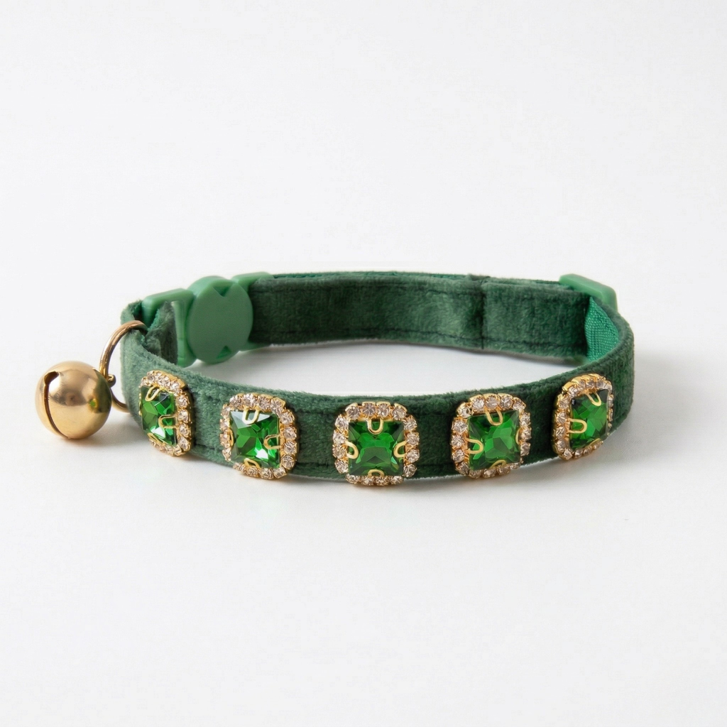 Green velvet cat collar with emerald rhinestones and breakaway safety buckle — KittyTag handmade — view 1