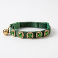 Green velvet cat collar with emerald rhinestones and breakaway safety buckle — KittyTag handmade — view 1