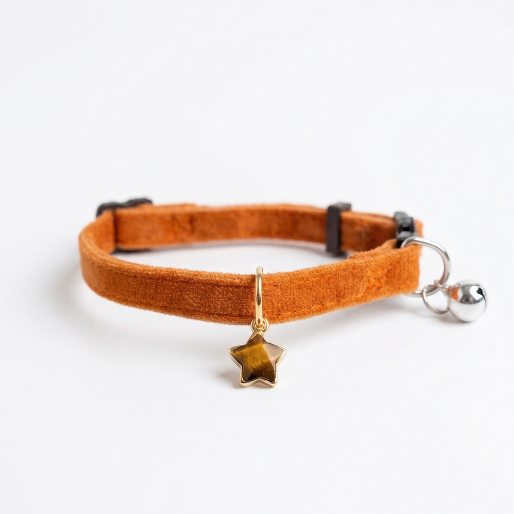 Chocolate brown velvet cat collar with natural Tiger's Eye stone and star charm — KittyTag handmade — view 1