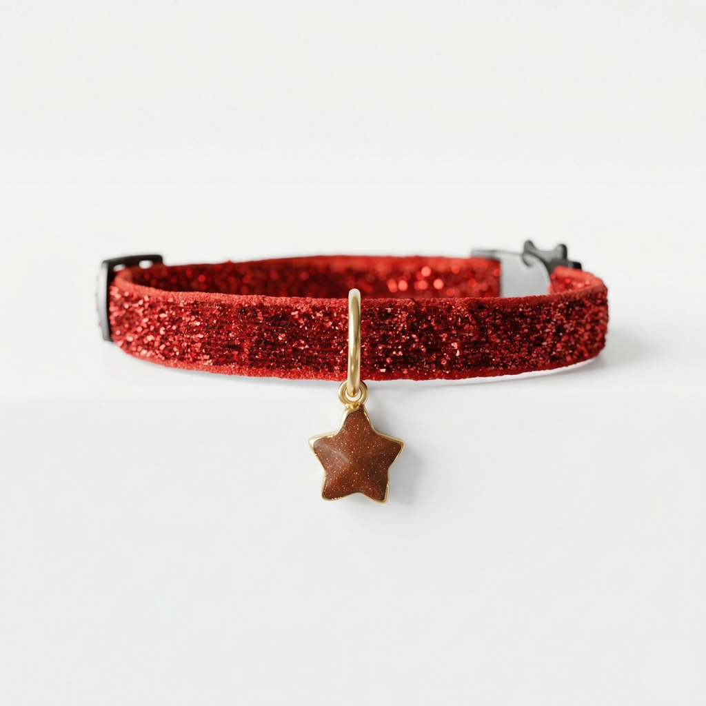 Shimmering red velvet cat collar with goldstone star charm and breakaway safety buckle — KittyTag handmade — view 1