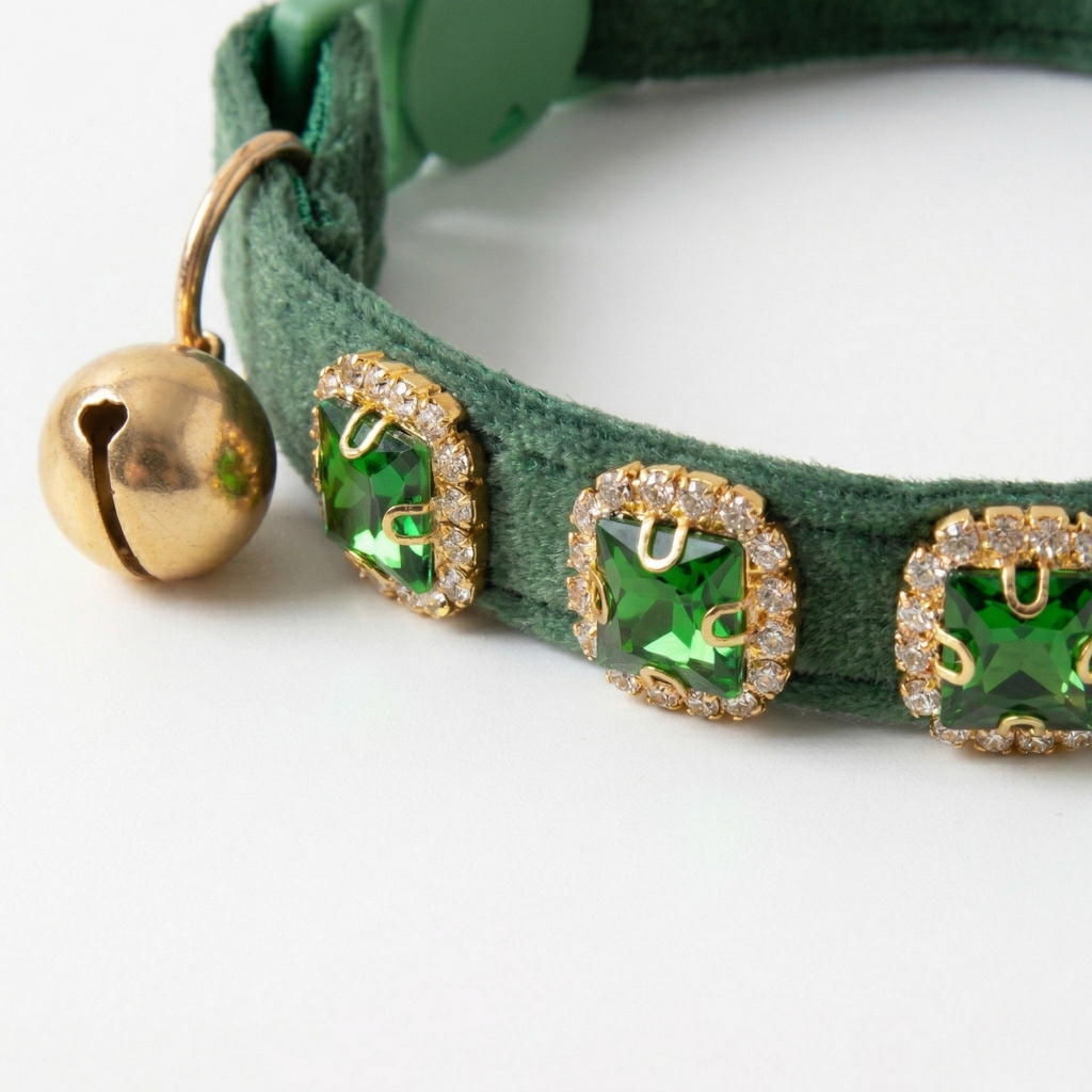 Green velvet cat collar with emerald rhinestones and breakaway safety buckle — KittyTag handmade — view 3