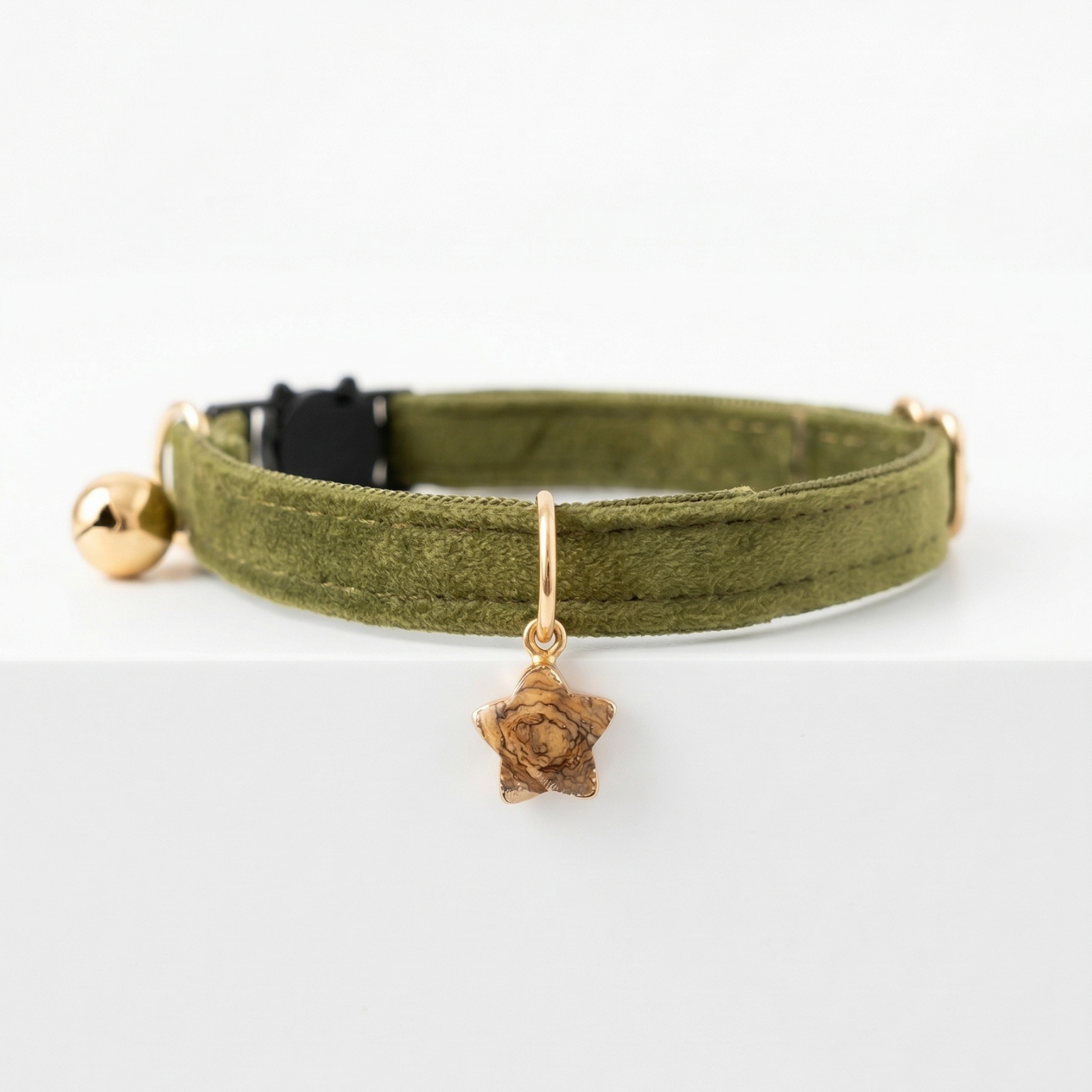Olive green velvet cat collar with silver star charm and breakaway safety buckle — KittyTag handmade — view 7