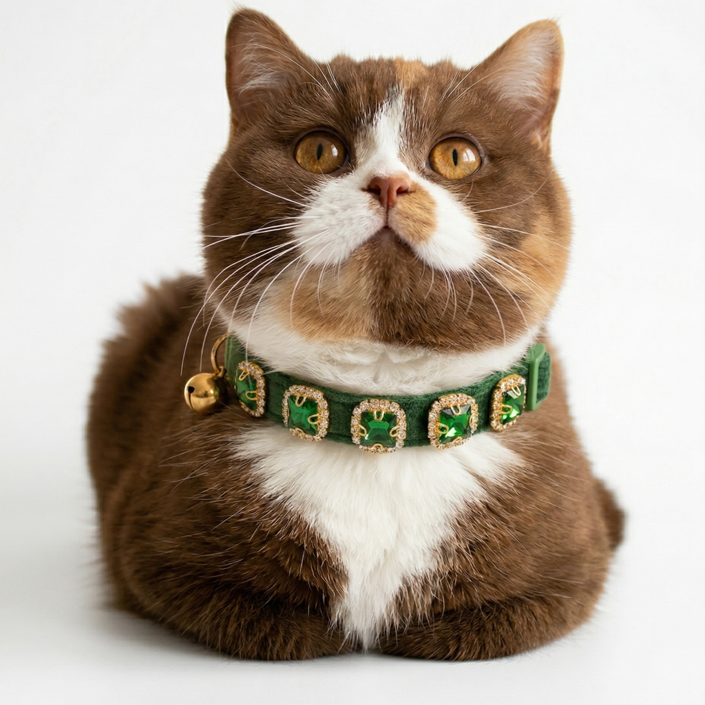 Green velvet cat collar with emerald rhinestones and breakaway safety buckle — KittyTag handmade — view 2
