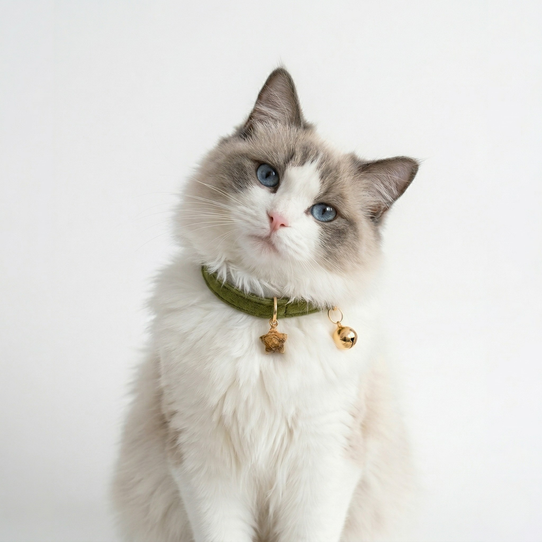 Olive green velvet cat collar with silver star charm and breakaway safety buckle — KittyTag handmade — view 2