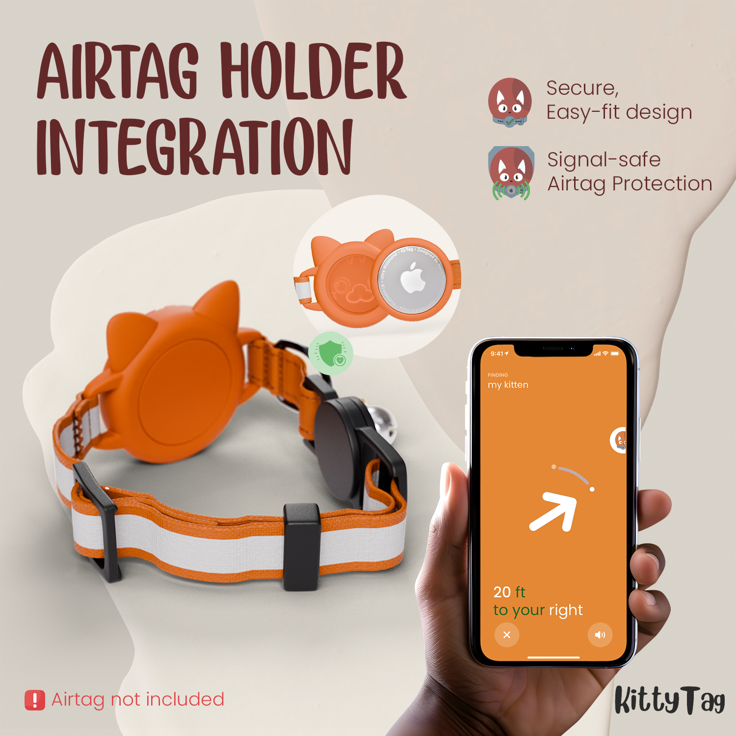 Orange Cat Collar AirTag, Adjustable, Reflective, Breakaway