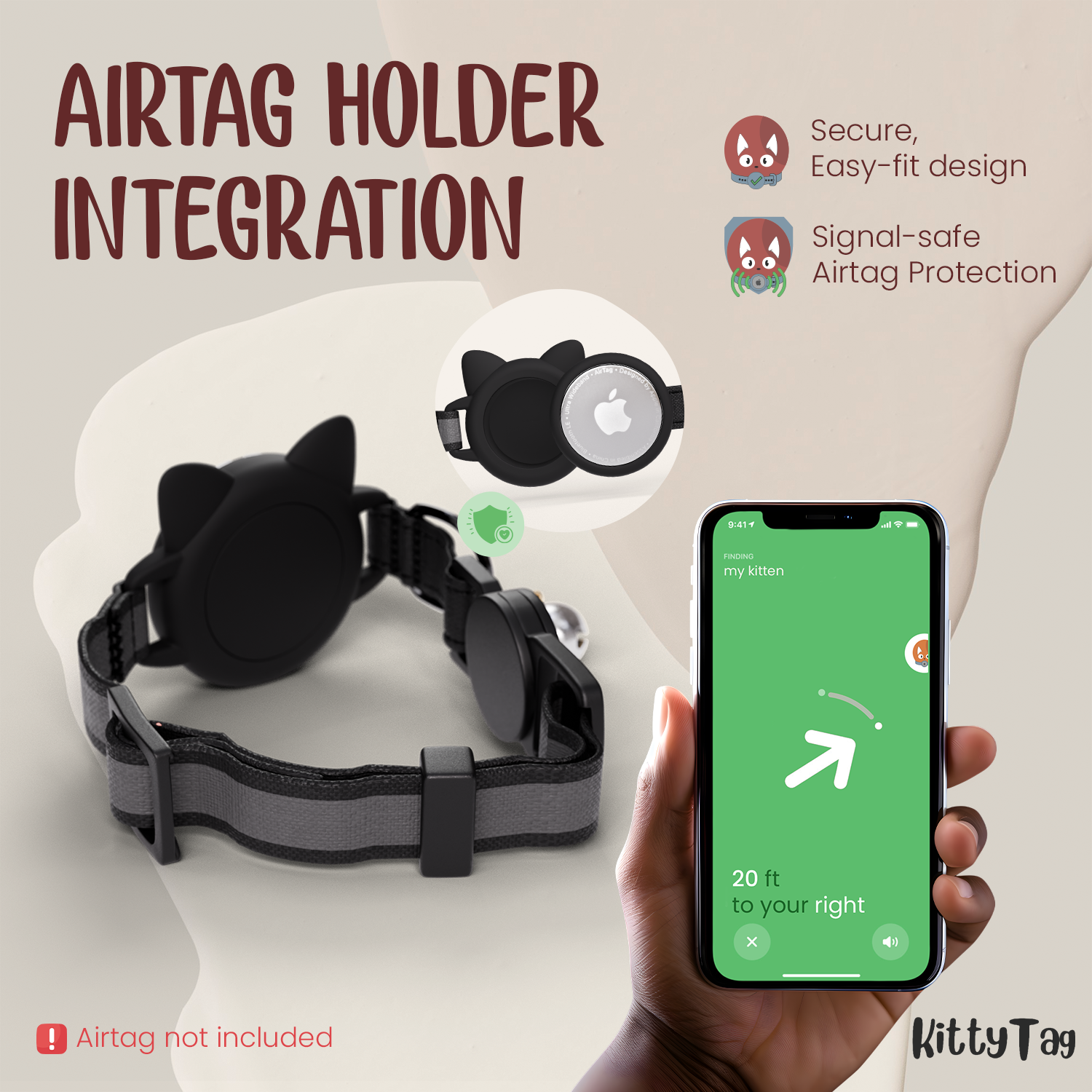 Black Cat Collar AirTag, Adjustable, Reflective, Breakaway