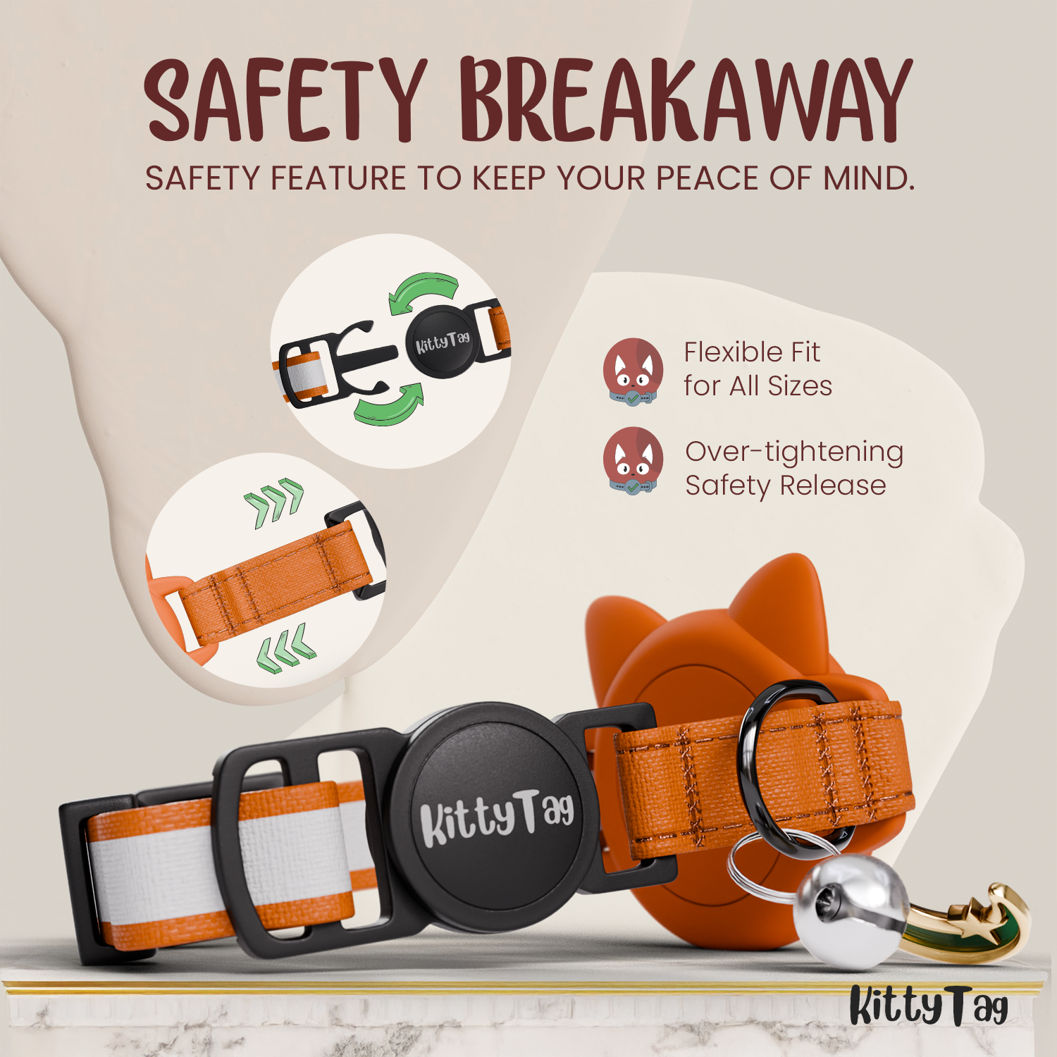 Orange Cat Collar AirTag, Adjustable, Reflective, Breakaway